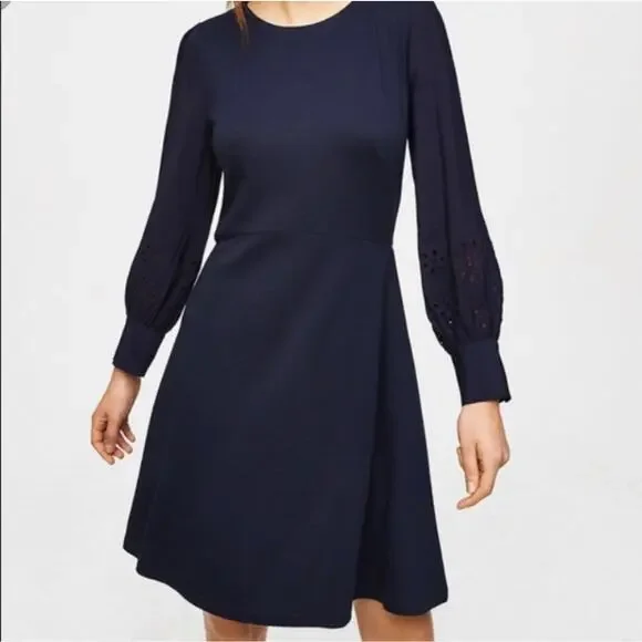 LOFT | Dresses | Loft Ann Taylor Dress Size 2 Navy Long Sleeve Eyelet  Embroidered Office Work | Poshmark